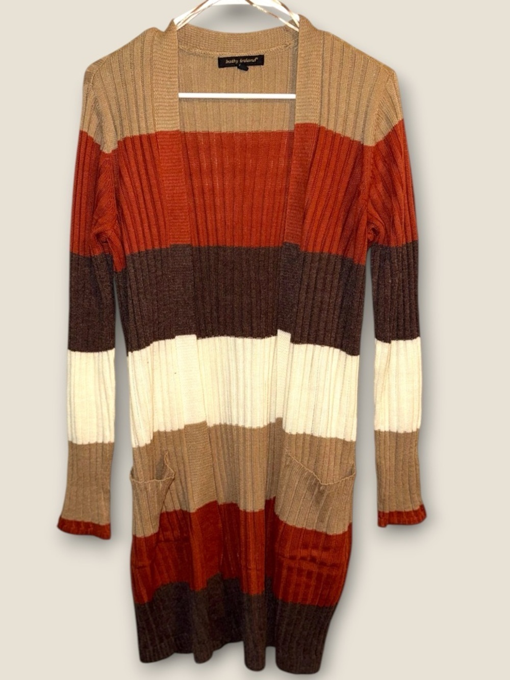 🌺kathy ireland Long Open-Front Ribbed Cardigan in Brown, Cream, Tan & Rust
